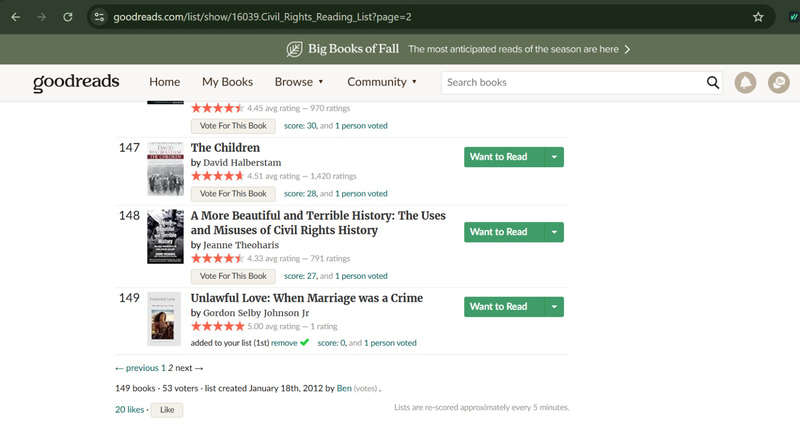 Unlawful Love: When Marriage was a Crime: Before: score 0 at rank 149 on Civil Rights Reading List