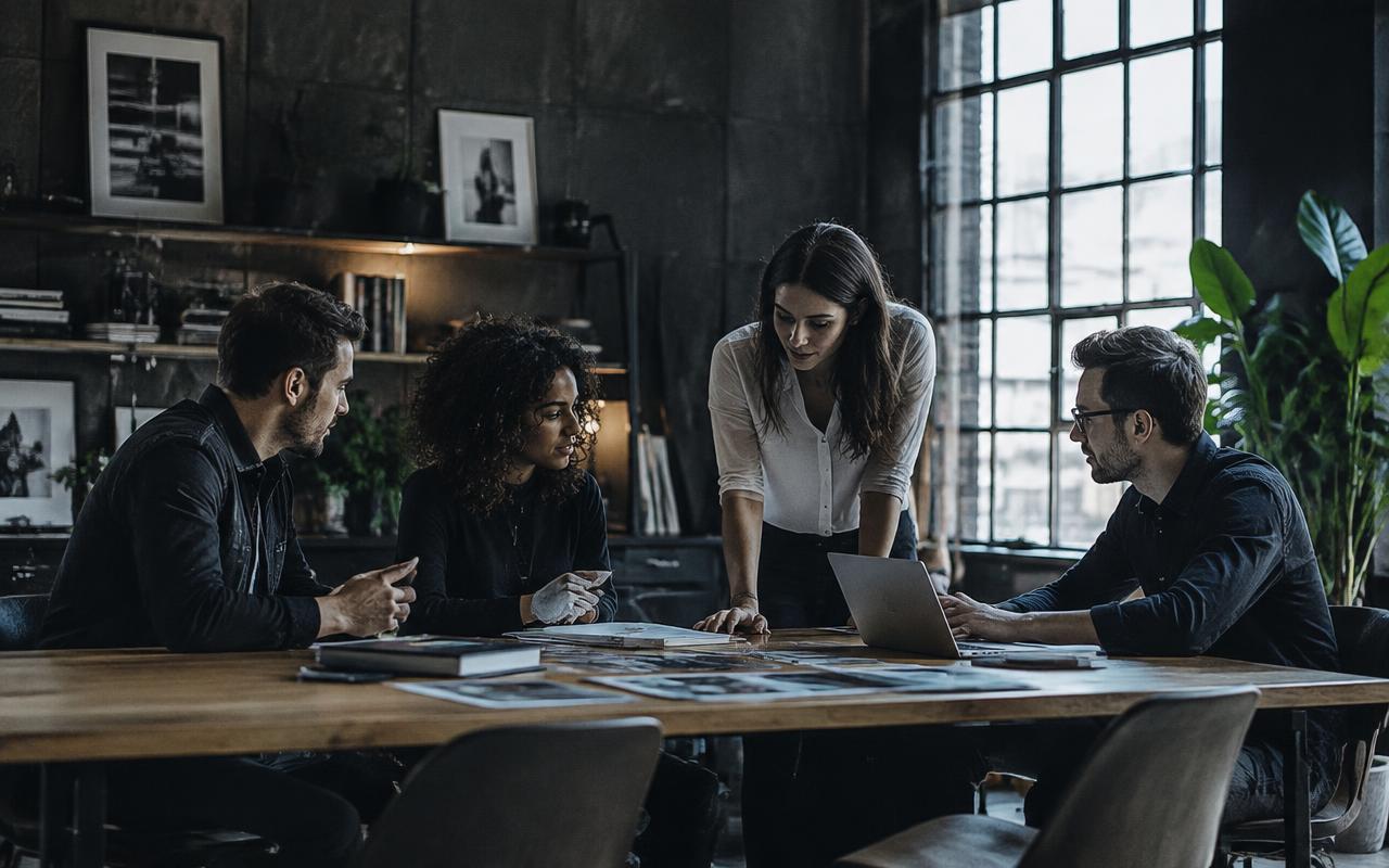 The MAGNAVERSE team reviewing author brand work together